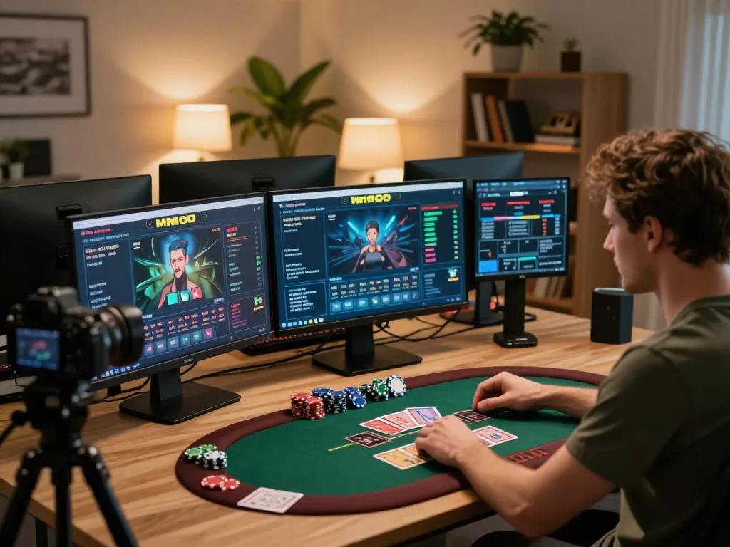 Engaging MMOO online gaming setup with player analyzing strategies and placing bets.