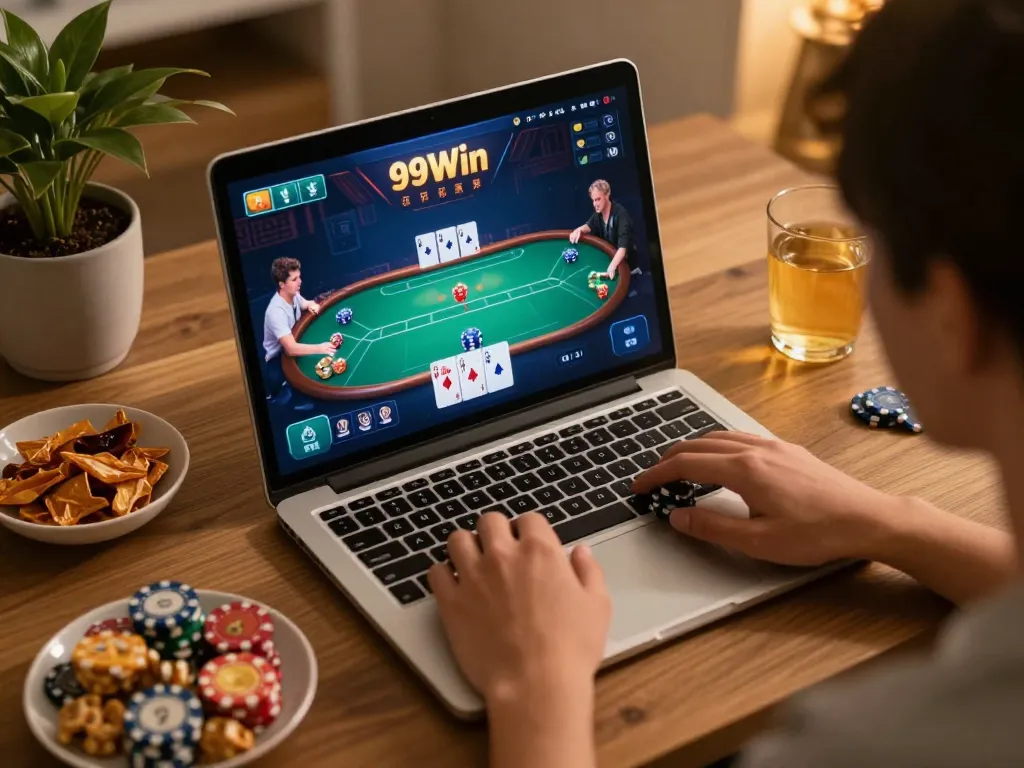 Engaging online poker session on 99Win with cozy home setting and animated interface.