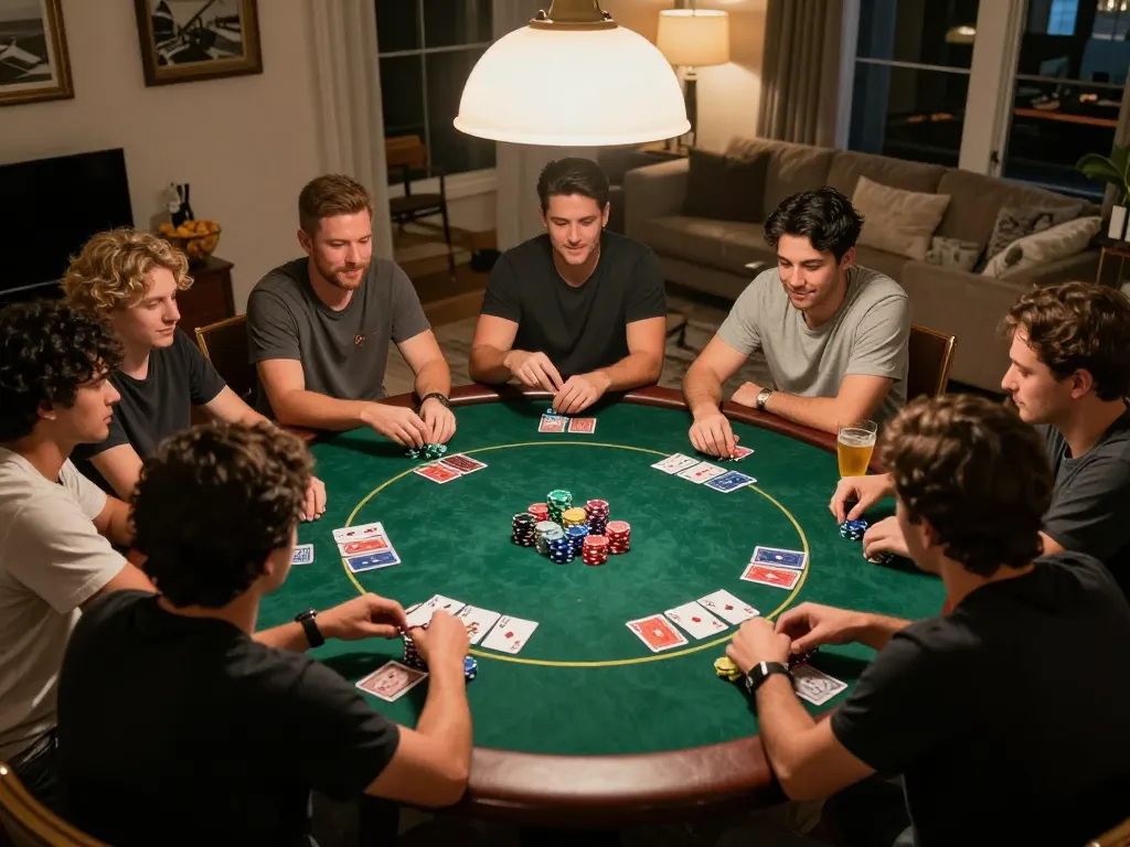Engaging poker night among friends with nhà cái qq88 cards, chips displayed in a cozy setting.