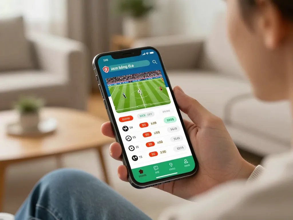 Xem bóng đá trực tuyến on a smartphone in a cozy living room setting during an exciting match.