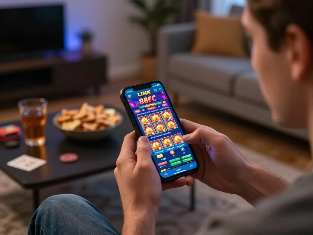 Engaging with LINK 88FC casino app on smartphone in cozy home setting