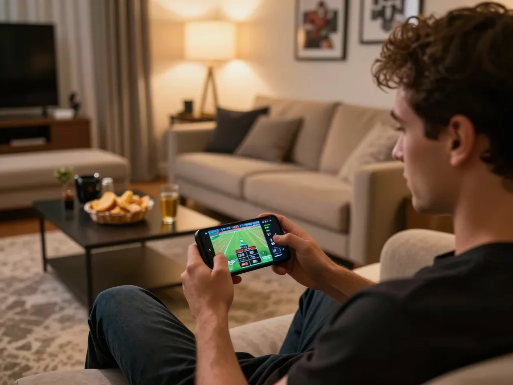xem bóng đá trực tuyến on a smartphone during an engaging sports betting session in a cozy home setting