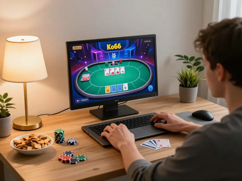 Engaged player enjoying a poker game at Ko66 online casino from the comfort of home.