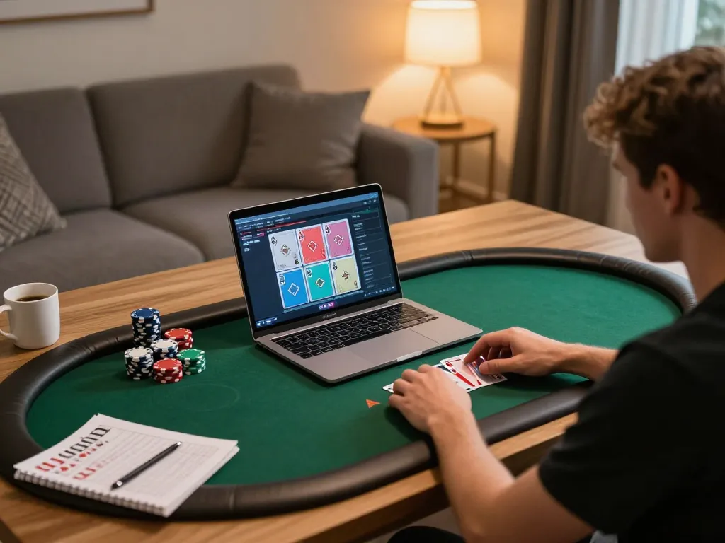 Engaging user playing online poker at home, emphasizing hk gaming experience and strategic gameplay