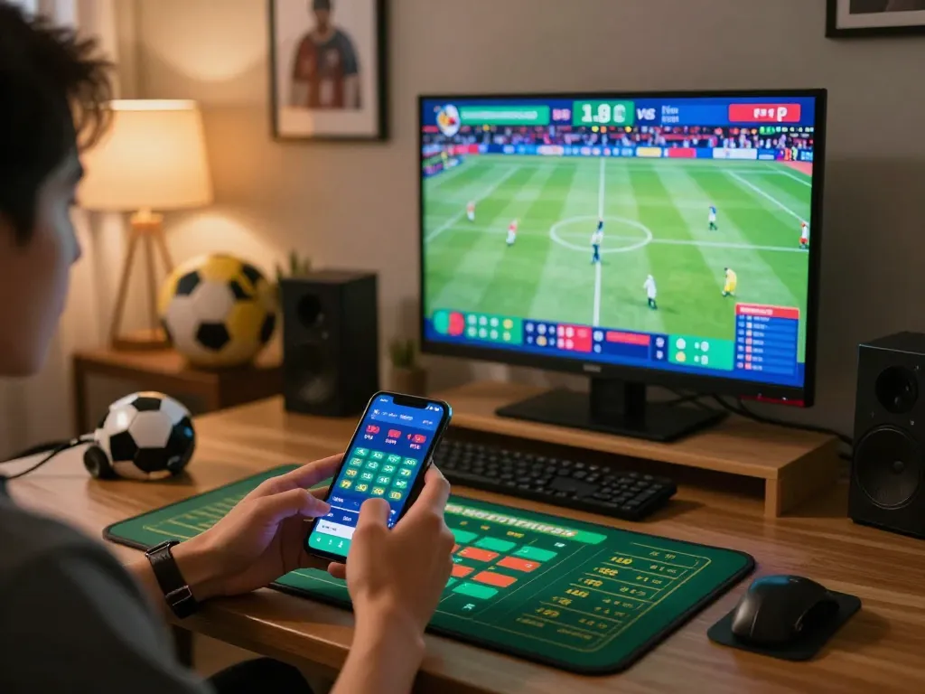 Placing bets on kèo nhà cái trực tiếp during an exciting sports event at home.