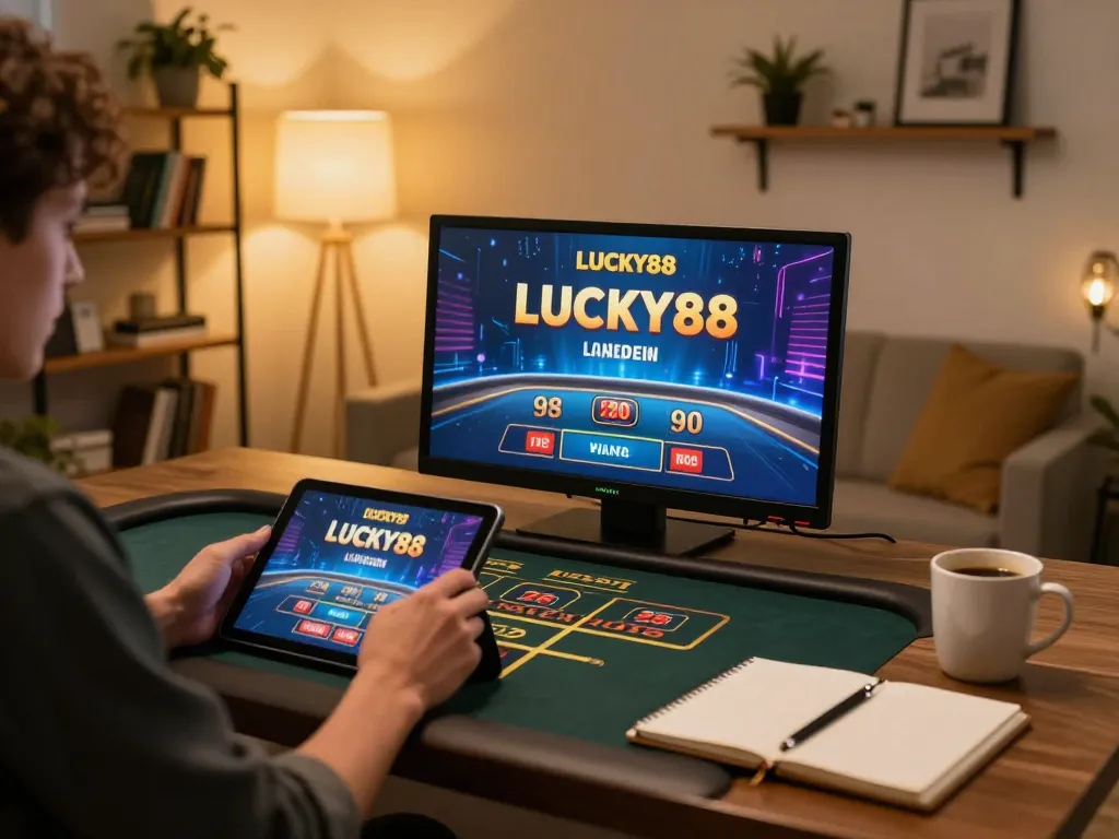 LUCKY88 player engaging with online live dealer game in a cozy setup, emphasizing strategic gaming.
