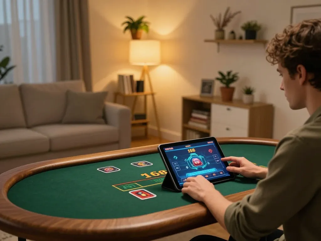 Engaging in a live dealer game on f168's platform in a cozy home setting.