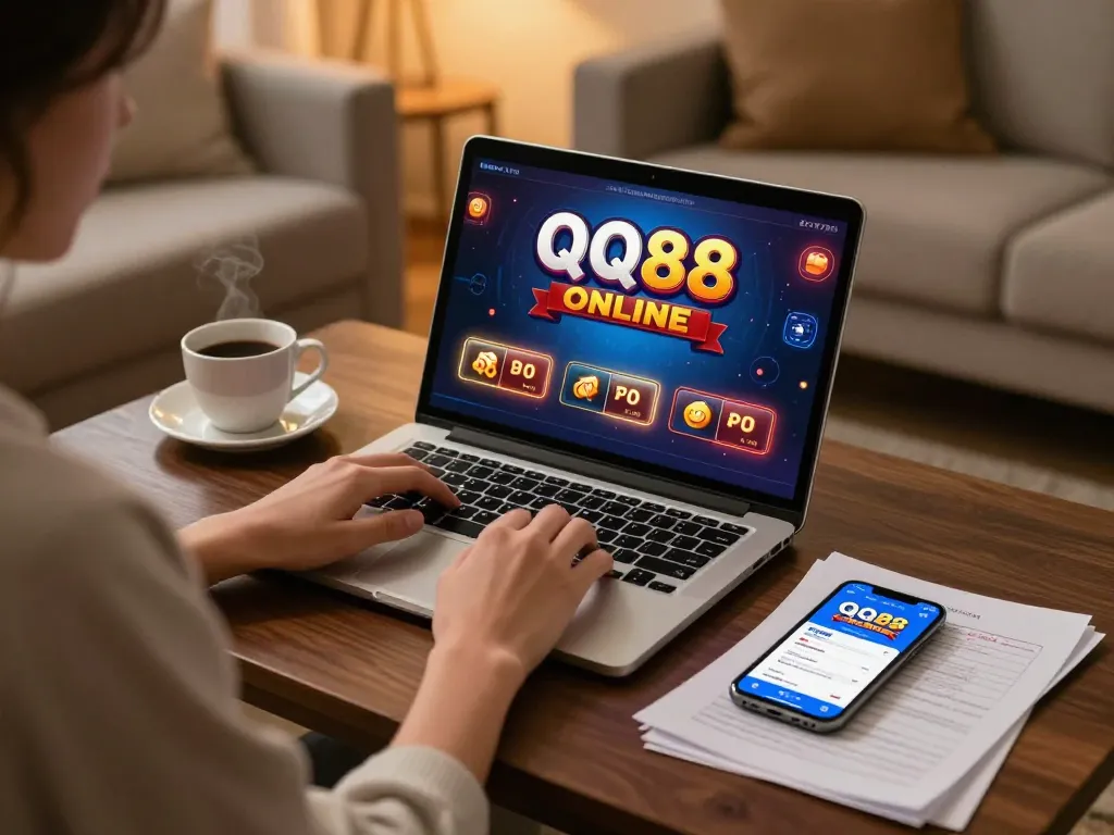 Player enjoying QQ88 online casino gameplay on laptop with strategy notes beside an inviting home setup.