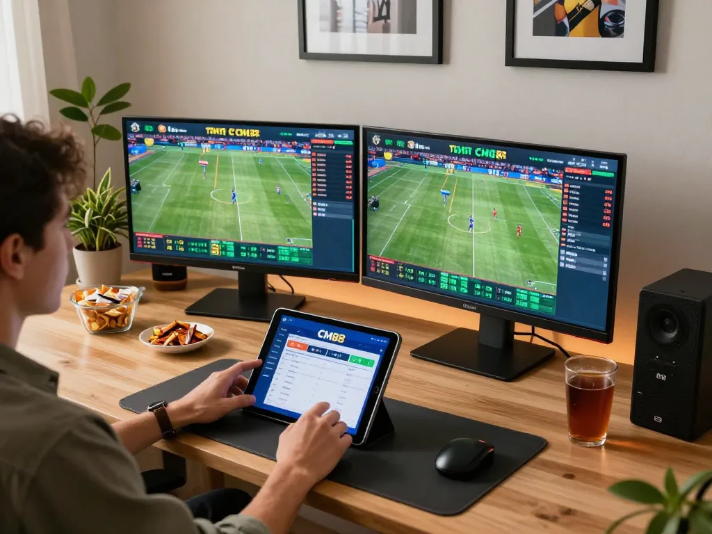 Engaging in live sports betting on CM88 from a modern home workspace with multiple screens.