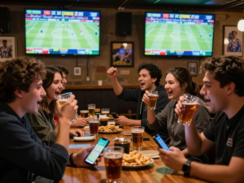 C168 users placing live sports bets in a vibrant sports bar with screens broadcasting games