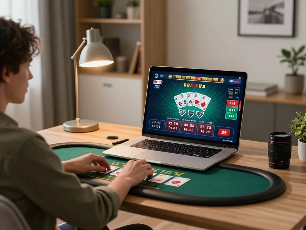 Engaging online gambling moment with Red88 user enjoying live blackjack at home.