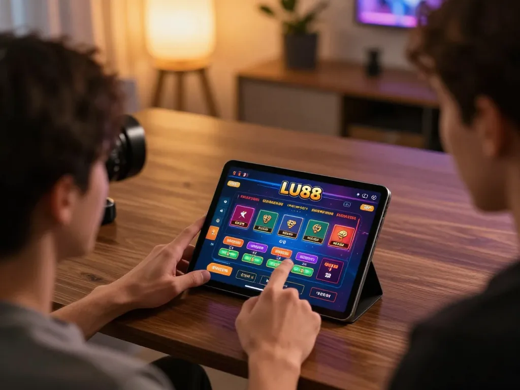LU88 player engaging in live dealer gaming on tablet, showcasing dynamic betting interface in cozy home office setting
