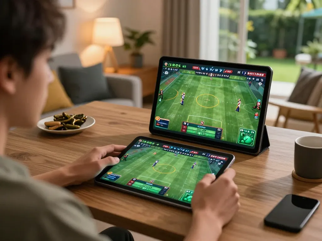 Placing bets on ee88 from a stylish home setting, showing a player engaged in sports betting.
