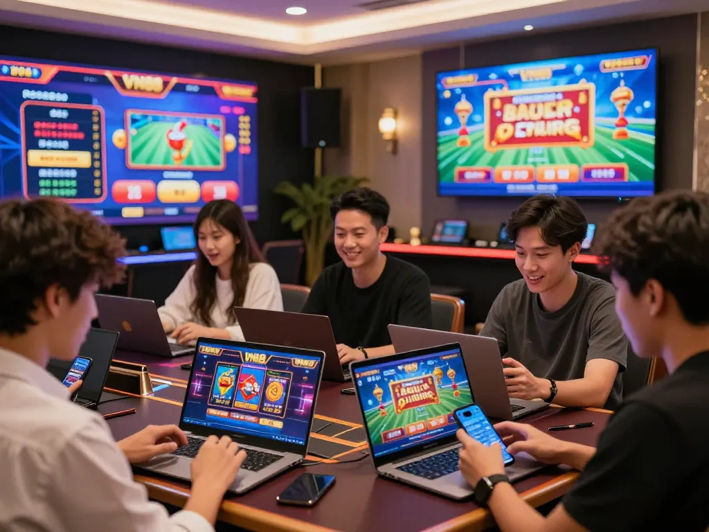 Engaged players enjoying VN88 online gambling platform with vibrant games and sports betting.