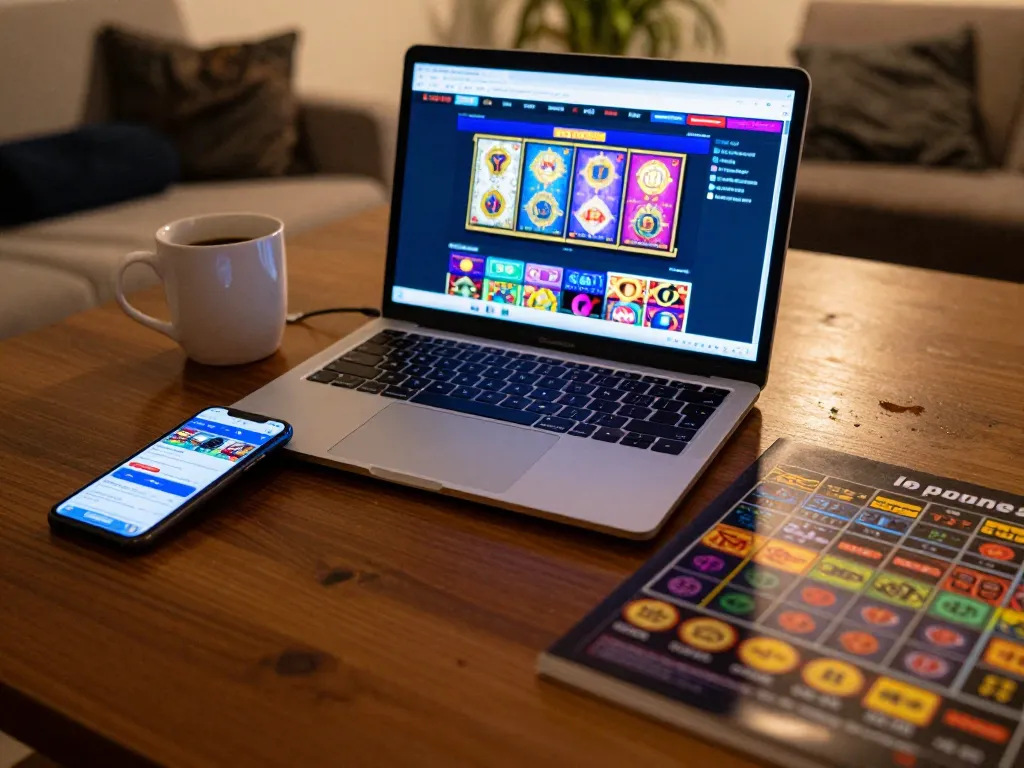 Player engaging with MK8 online casino on laptop while sipping coffee