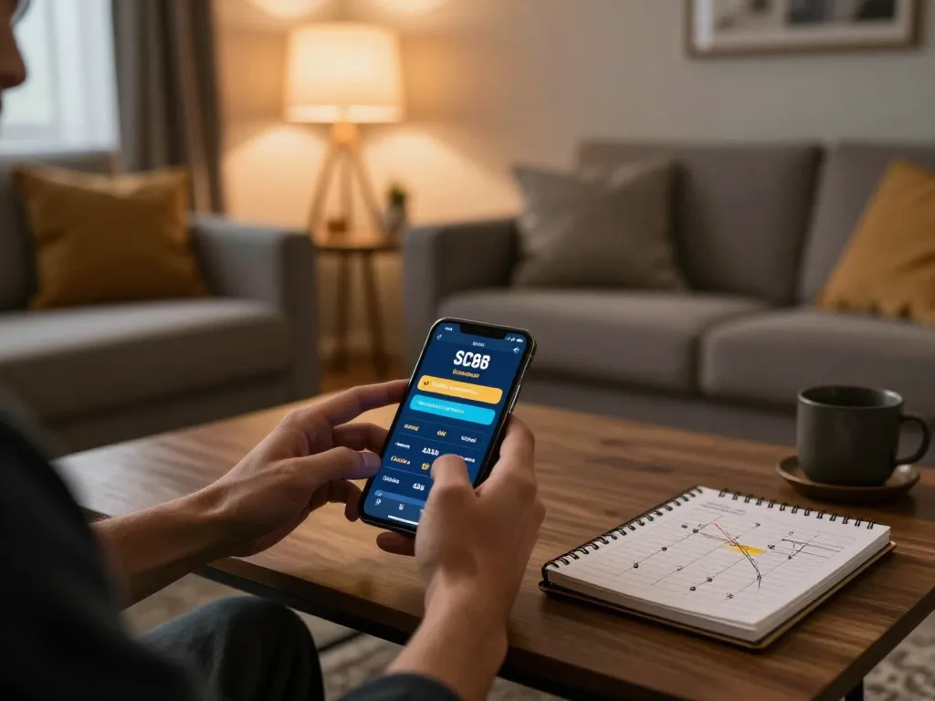 Engaging in SC88 mobile gameplay while managing betting strategies from a cozy home setting