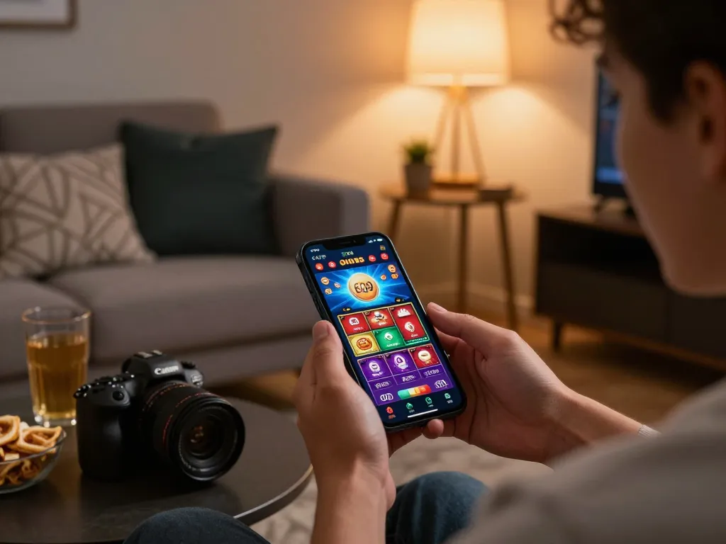 Playing casino games on the EQ9 app in a cozy home setting with snacks and warm lighting.