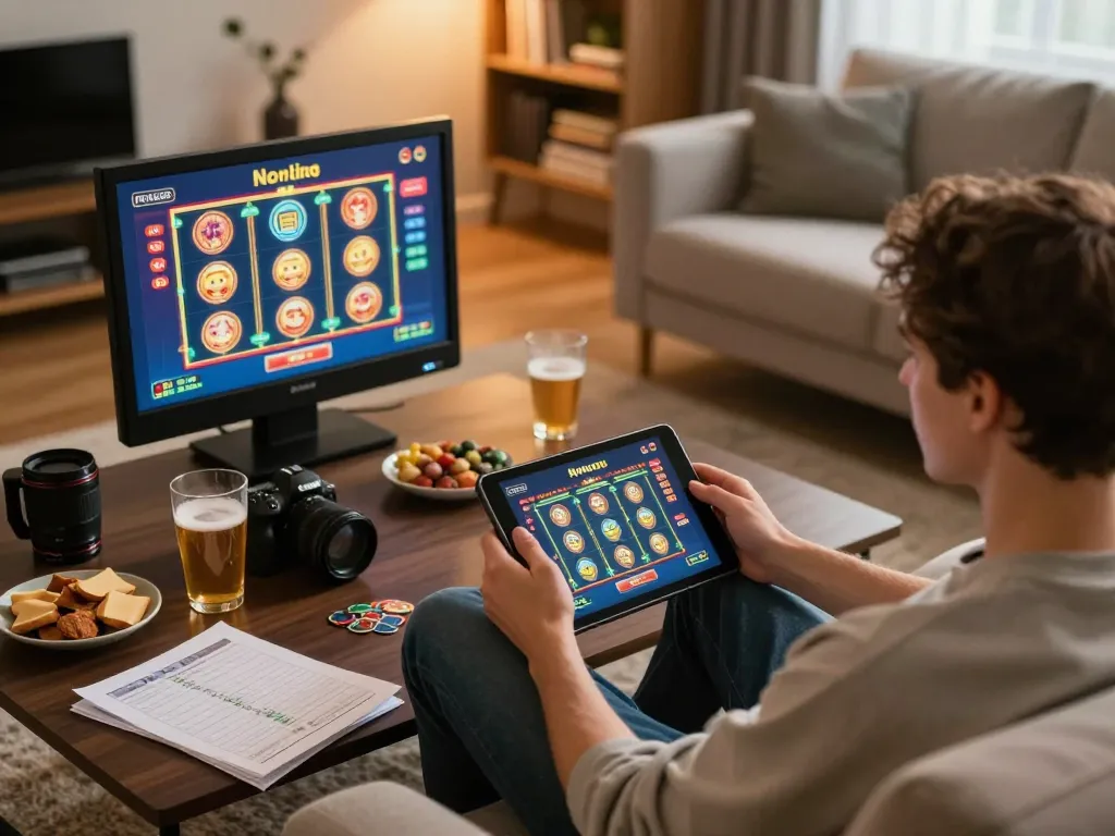 Enjoying online gambling with F168 on a cozy home setup featuring tablet gameplay and snacks