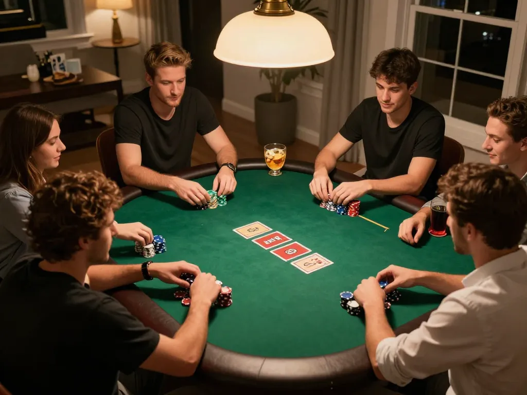 Go99 players enjoy an exciting home poker night with vibrant chips and cards on the table.
