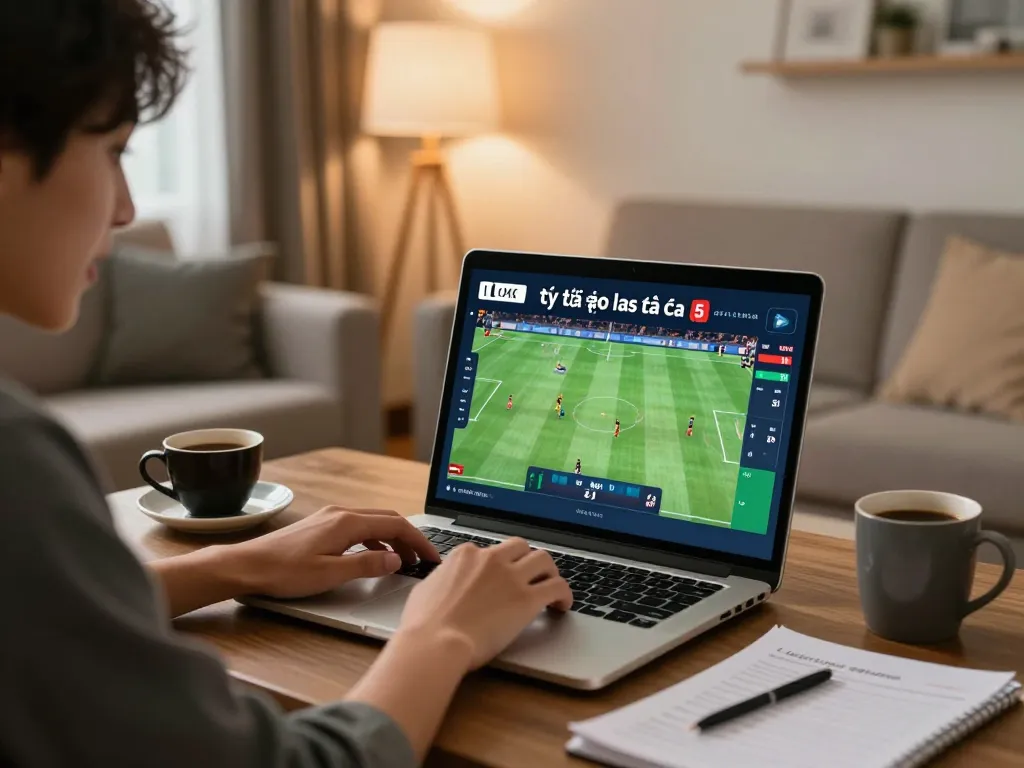 Tỷ lệ kèo nhà cái 5 displayed on laptop screen as a young person engages in online sports betting from home.