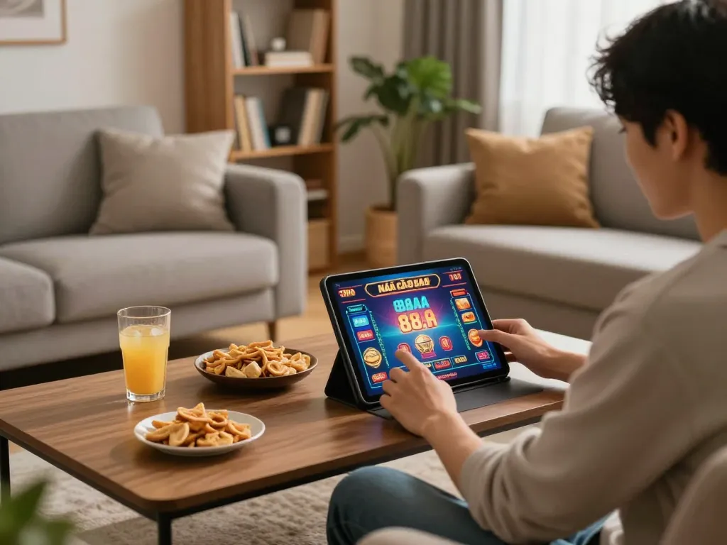 Person playing casino games on tablet at home with NHÀ CÁI 88AA for thrilling online gaming experience.