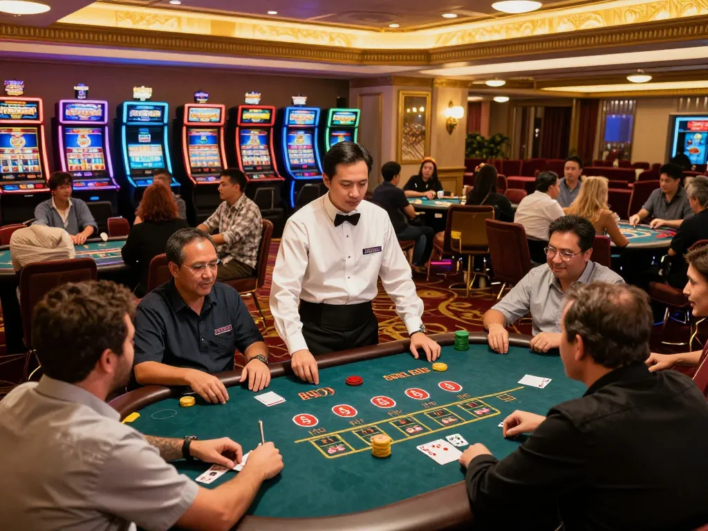 Engaged players enjoying the thrill of hm88 game bài amidst vibrant casino tables and atmosphere