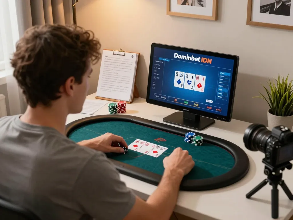 Engaged player enjoying Dominobet IDN Poker on a tablet, showcasing tactical gameplay.