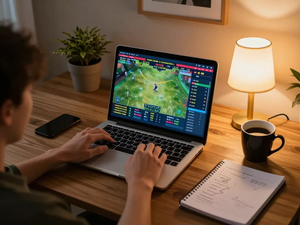 Player using fly88 for sports betting on a laptop with game statistics on screen in a cozy home setup.
