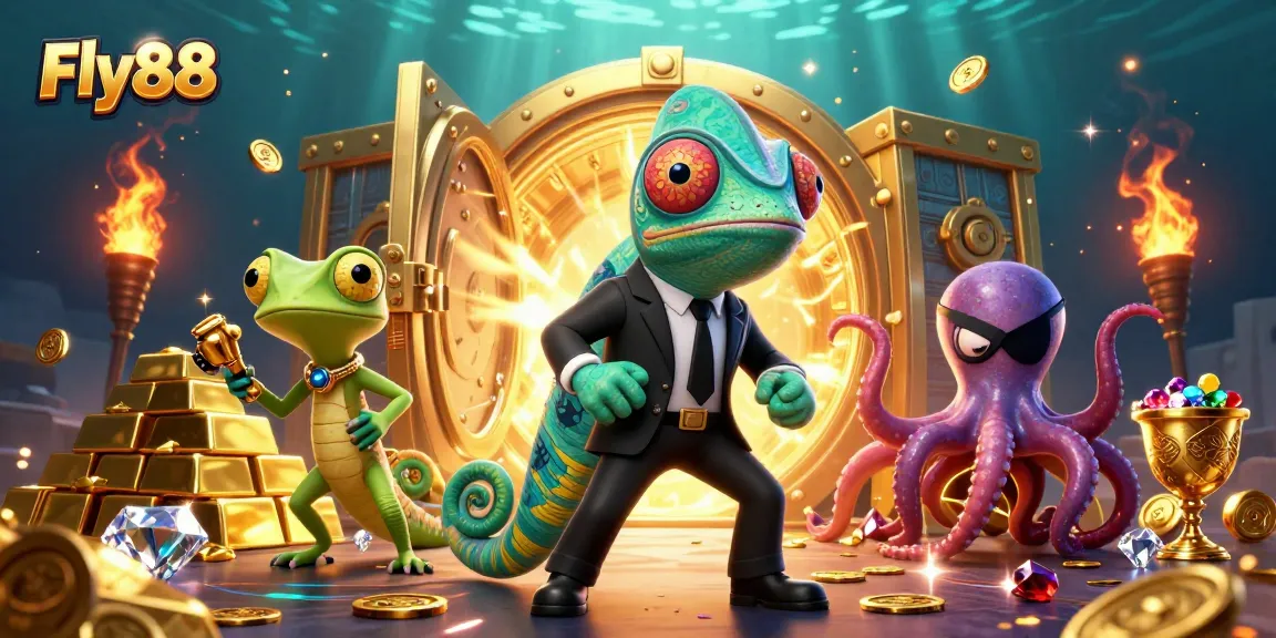 Engage with Fly88's thrilling casino experiences featuring a vibrant 3D illustration of a secret agent chameleon and friends.