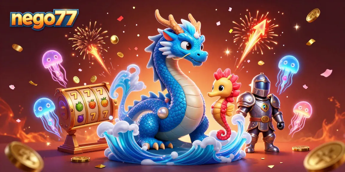 Play engaging games at nego77, featuring an azure dragon and vibrant casino elements.