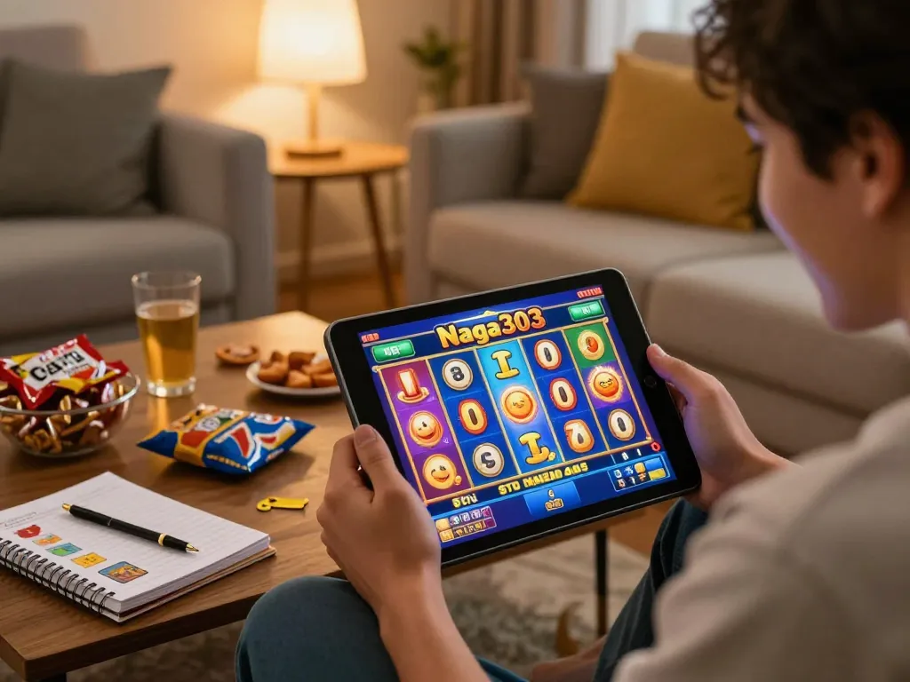 Engaging scene of a player enjoying Slot Gacor Naga303 on a tablet, showcasing a home gaming environment