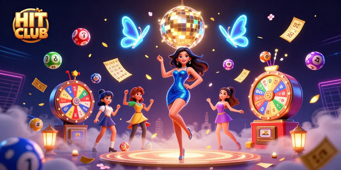 Engage with the HIT CLUB experience through a vibrant casino-themed 3D illustration filled with dynamic game elements.
