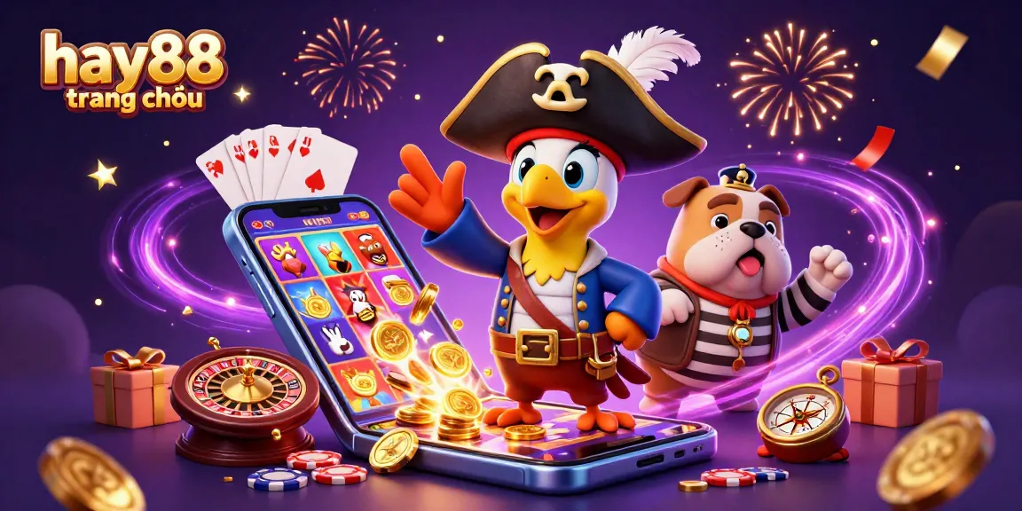 Experience vibrant gaming at hay88 trang chủ with a pirate captain, bulldog, and cat showcasing thrilling slot games.