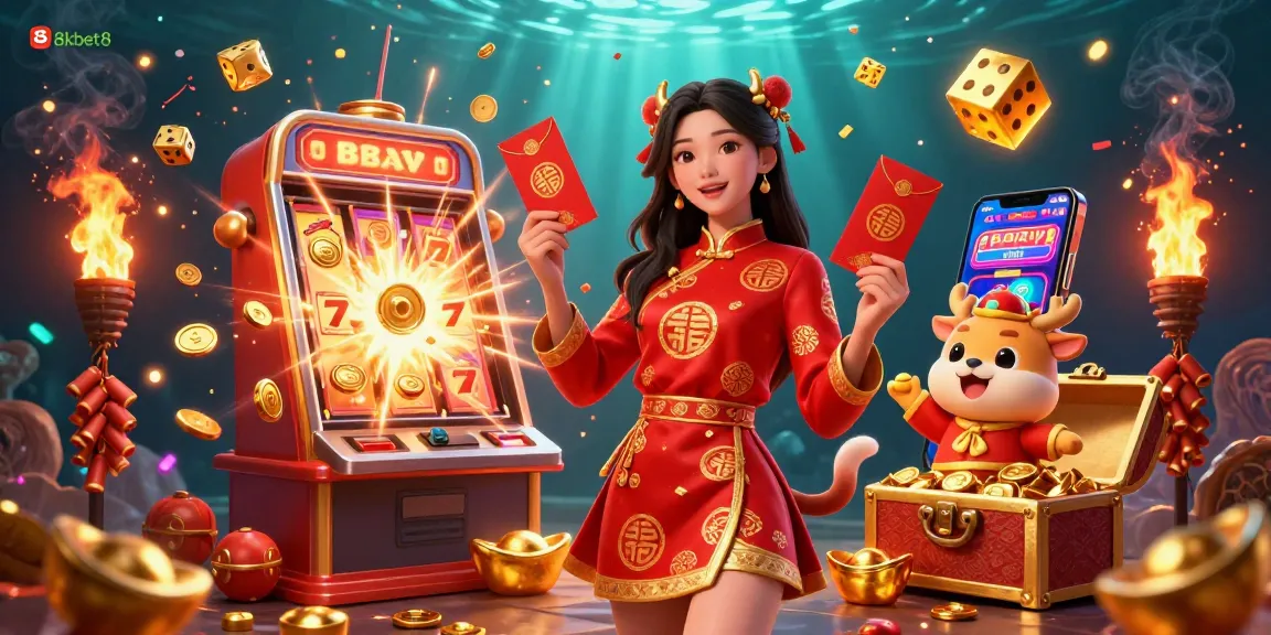 Experience the excitement of 8kbet8 with vibrant Lunar New Year casino elements and a jackpot explosion.