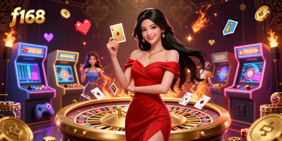 Experience excitement at f168 with a captivating Asia-themed casino illustration showcasing vibrant games.