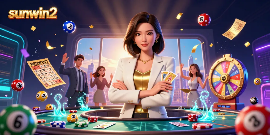 Experience thrilling gameplay at sunwin2 with an elegant Asian woman showcasing her poker expertise amidst vibrant lottery elements.