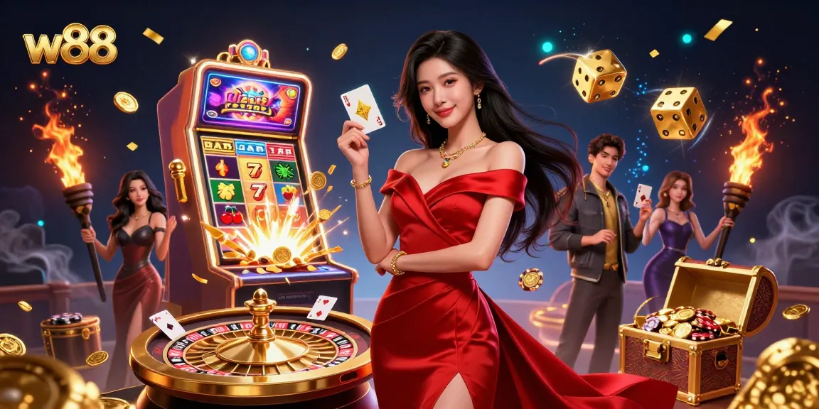 Experience the thrill of w88 with this stunning casino scene featuring vibrant games and dynamic elements.