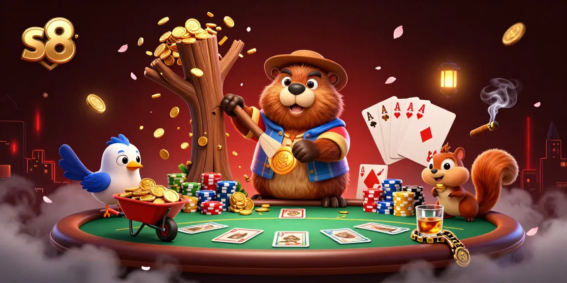 S8 online casino features a lumberjack beaver surrounded by poker elements, stacking coins and excitement.