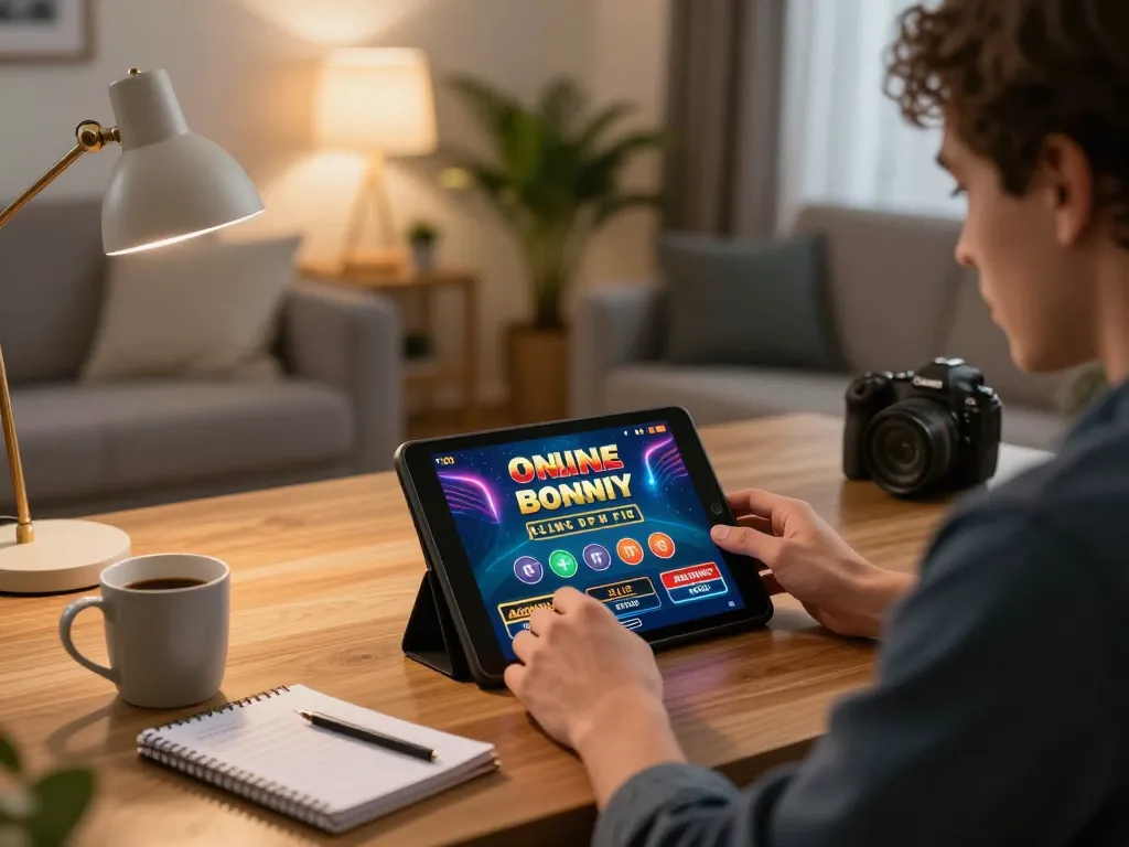 Player enjoying F168 online casino games on a tablet in a cozy home environment.