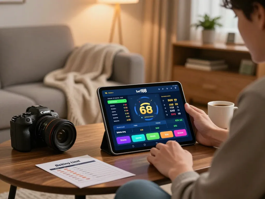 Bet168 player excitedly placing bets on tablet in a stylish home setting, emphasizing responsible online gambling.