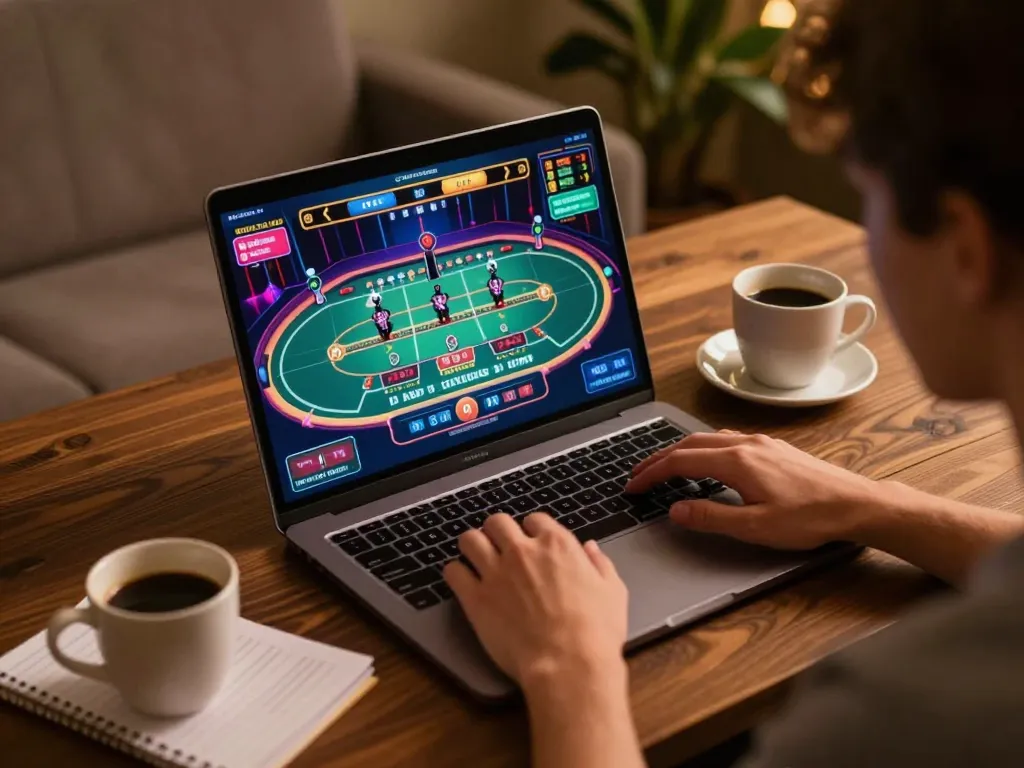 Kwin player engaged in strategic gameplay, using laptop at home for online casino experience.