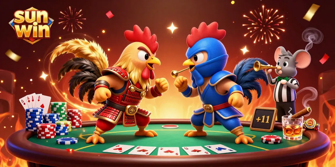 Engage in thrilling stakes with sun win at the poker showdown featuring cartoon roosters.