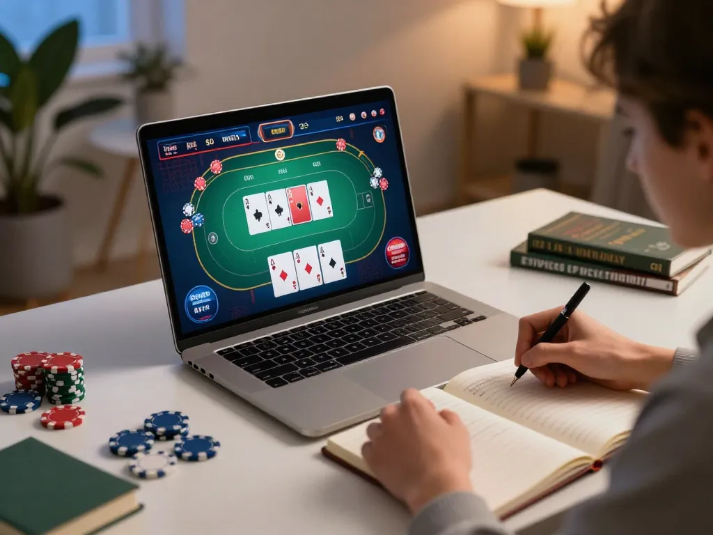 Engaging with nohu26 poker strategies on a laptop during a cozy home gaming session.