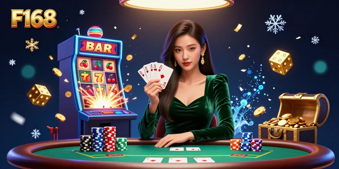 Experience F168 with a stunning casino scene showcasing a focused Asian woman at a luxury poker table amidst vibrant gambling elements.