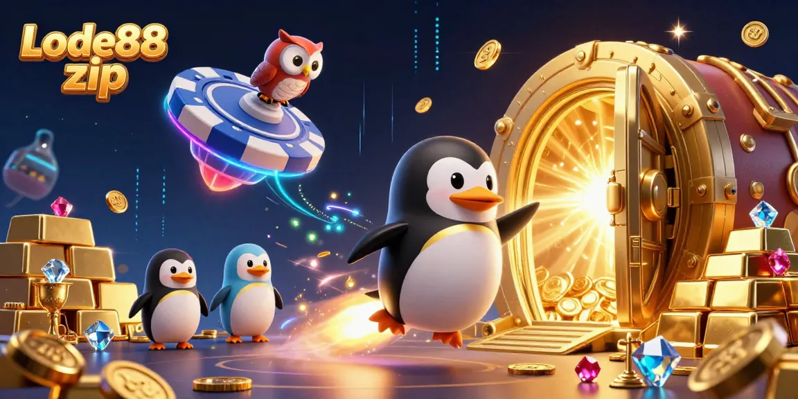 Lode88 zip captures a golden penguin soaring towards a casino poker chip station, surrounded by treasures.