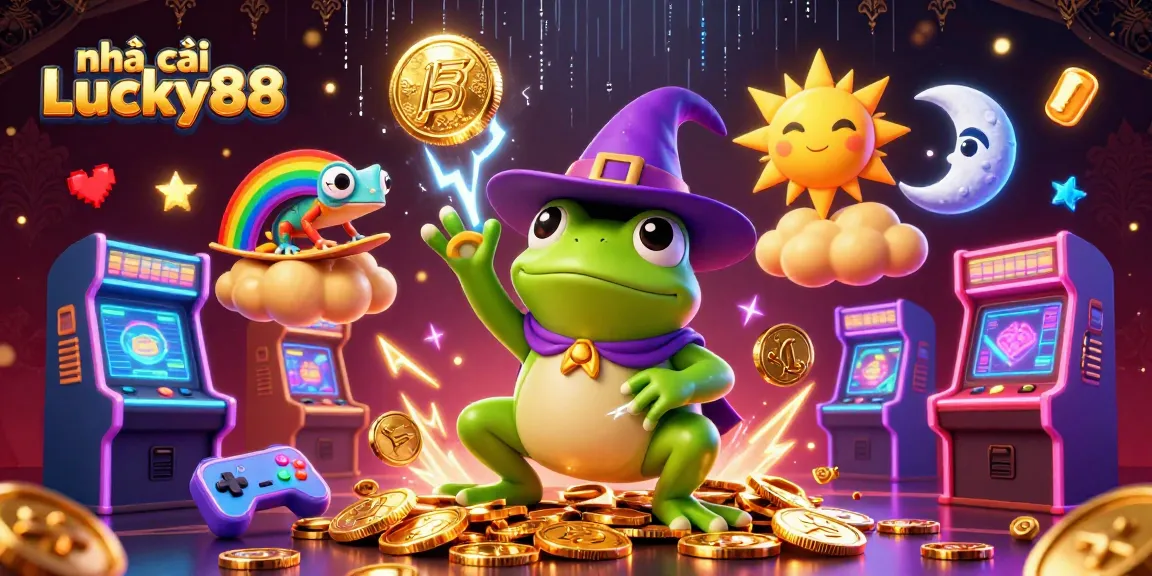 Enhance your gaming experience with nhà cái Lucky88, featuring a gold coin storm and vibrant casino elements.