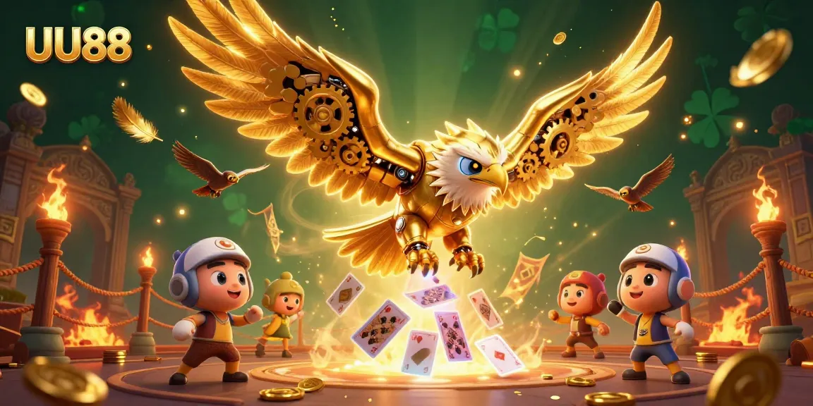 UU88 offers thrilling slots with golden eagle diving through holographic playing cards in an exciting scene.
