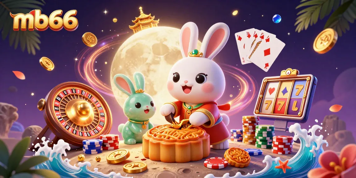 Experience mb66 action with a moon rabbit crafting poker chips from mooncakes in a vibrant casino scene.