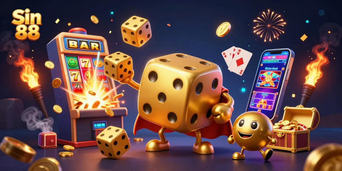 Win big with Sin 88 in an engaging casino adventure featuring vibrant illustrations of gaming excitement.