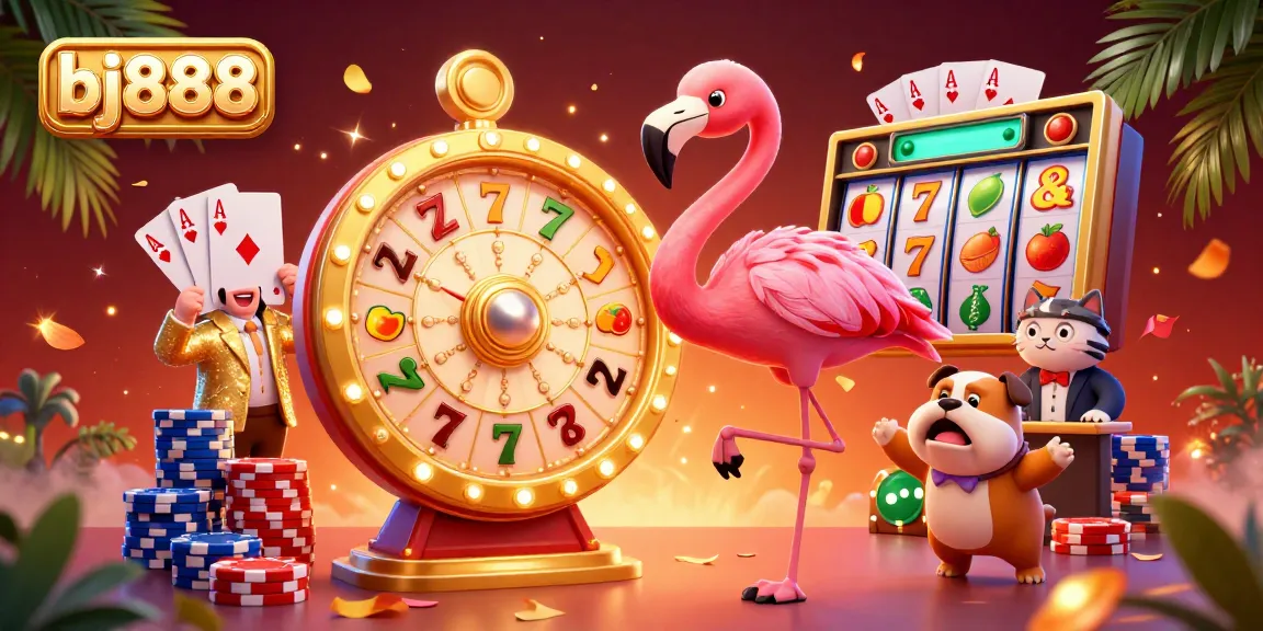 Excitedly spinning the prize wheel with bj888, a flamingo game show host celebrates alongside a bulldog contestant.